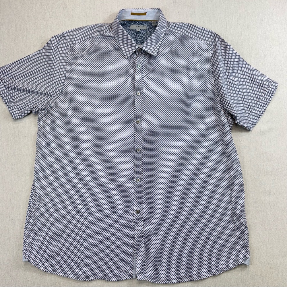Ted Baker London Shirt 7 XL Blue Geometric Print 100% Cotton Short Sleeve